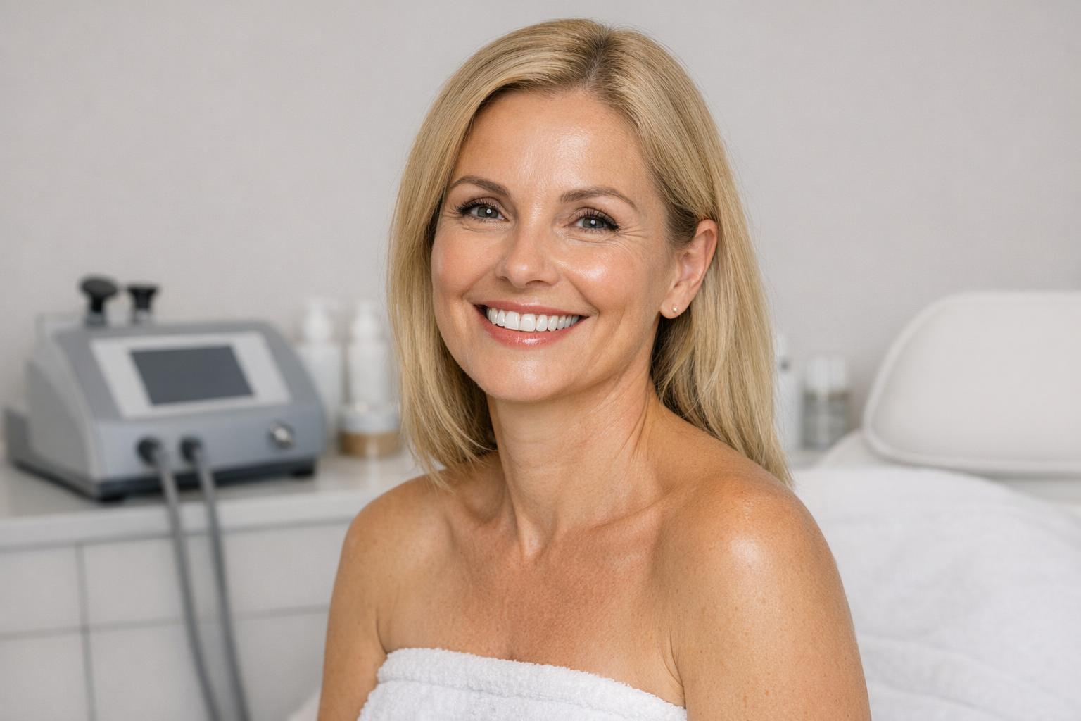 Zdjęcie uśmiechniętej pacjentki po serii zabiegów Indiba, pokazujące poprawę kondycji skóry